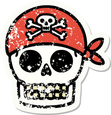Bir insan tarafından çizilmiş korsan kafatasının geleneksel stil yapıştırmalı dövmesi.