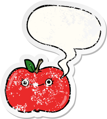 Konuşma baloncuklu şirin çizgi film elması bir insan tarafından çizilmiş sıkıntılı eski bir çıkartma