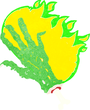 Bir insan tarafından çizilmiş iğrenç, alevli bir zombi eli.