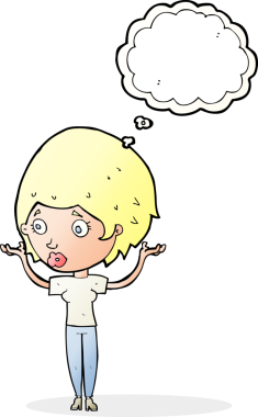 Çizgi filmdeki kadın bir insan tarafından çizilmiş düşünce balonuyla elini kaldırıyor.