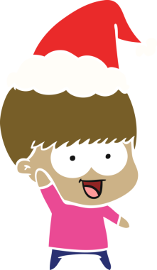 Mutlu el çizimi düz renk çizimi Noel Baba şapkası takan bir çocuğun bir insan tarafından çizilmiş resmi.