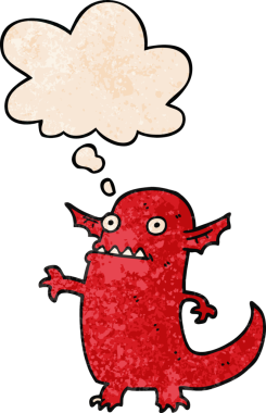 Bir insan tarafından çizilmiş grunge desenli düşünce baloncuklu cadılar bayramı canavarı çizgi filmi.