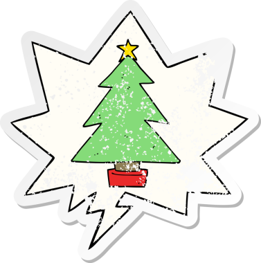 Bir insan tarafından çizilmiş, sıkıntılı, eski bir çıkartma olan, konuşma baloncuklu bir çizgi film Noel ağacı.