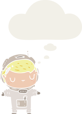 Düşünce baloncuğu olan karikatür astronotu insan tarafından çizilmiş.