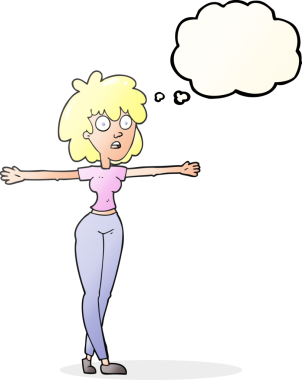 Düşünce baloncuğu çizen kadın bir insan tarafından çekilen kolları açıyor.