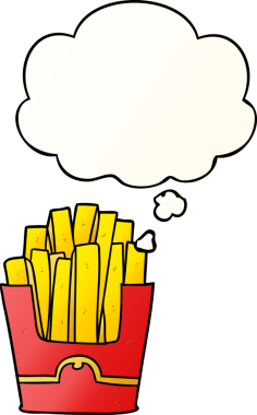 Düşünce baloncuğu olan çizgi film kızartmaları bir insan tarafından çizilmiş.