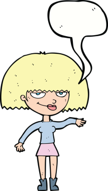 Kendini beğenmiş bir kadın, bir insan tarafından çizilmiş konuşma balonuyla kibirli bir jest yapıyor.