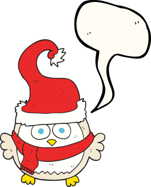 Bir insan tarafından çizilmiş noel şapkası giyen serbest konuşma balonu karikatürü baykuşu.