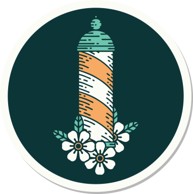 Bir insan tarafından çizilmiş geleneksel bir berber direği stili dövme çıkartması.