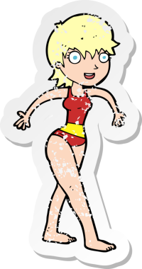 Bir insan tarafından çizilmiş yüzme kostümlü mutlu bir karikatür çıkartması.