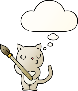 Bir insan tarafından çizilmiş yumuşak eğimli düşünce baloncuklu şirin çizgi film kedisi.