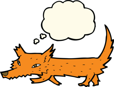 Bir insan tarafından çizilmiş düşünce baloncuklu küçük tilki.