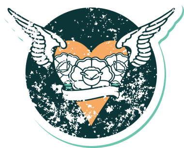 Bir insan tarafından çizilmiş çiçek ve pankartıyla uçan bir kalbin sembolik dövmeli resmi.