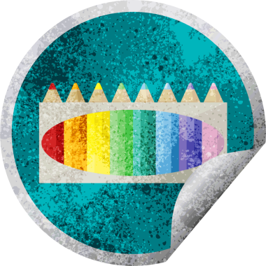 Bir insan tarafından çizilmiş renkli kalem paketi grafik vektör çizim dairesel etiketi