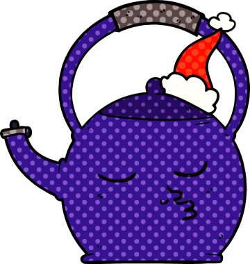 Bir insan tarafından çizilmiş Noel Baba şapkası takan bir çaydanlığın el çizimi çizgi roman tasviri