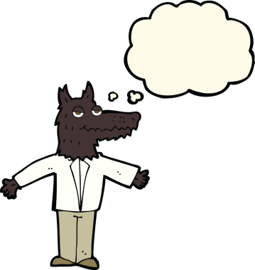 Bir insan tarafından çizilmiş düşünce balonlu bir kurt.