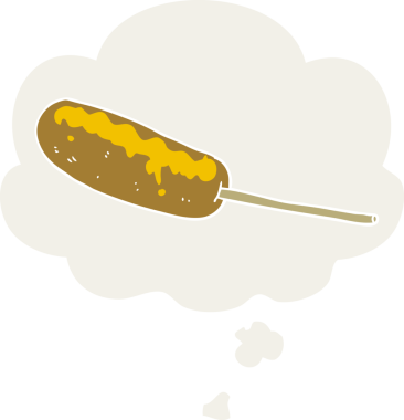 Düşünce baloncuğu olan çubuktaki çizgi film sosislisi insan tarafından çizilmiş.