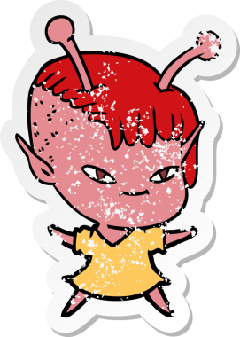 Bir insan tarafından çizilmiş sevimli uzaylı bir kızın sıkıntılı çıkartması.