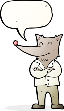 Bir insan tarafından çizilmiş konuşma balonu olan tişörtlü bir kurt.