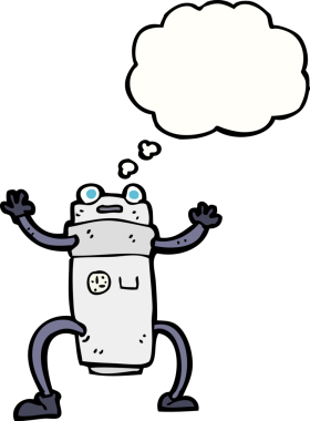 Bir insan tarafından çizilmiş düşünce baloncuklu çizgi film robotu