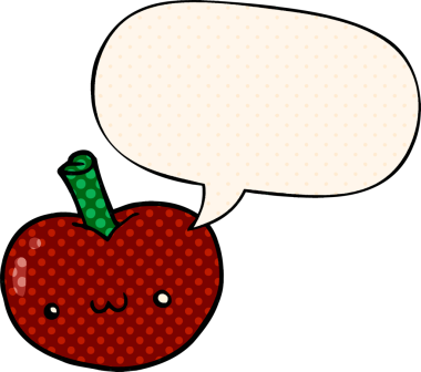 bir insan tarafından çizilmiş çizgi roman tarzında konuşma baloncuklu çizgi film elması.