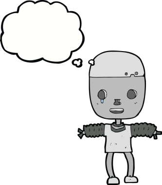 Bir insan tarafından çizilmiş düşünce baloncuklu çizgi film robotu