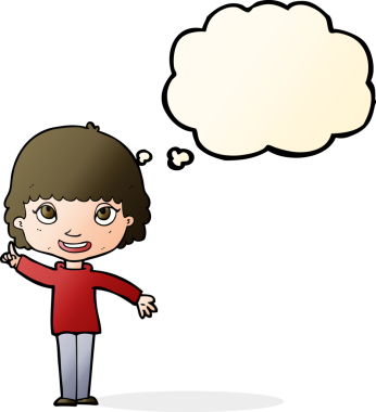 Bir insan tarafından çizilmiş düşünce baloncuğu fikri olan karikatür kadın.