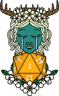 Retro Dövme Tarzı Hüzünlü Yarı Ork Druid Karakteri Bir zar bir insan tarafından çizilmiş