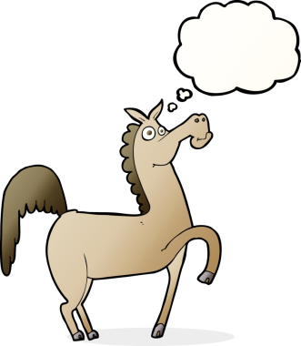 Bir insan tarafından çizilmiş düşünce baloncuklu komik bir at.