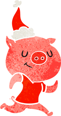 Mutlu el çizimi, bir insan tarafından çizilmiş Noel Baba şapkası takan bir domuzun retro çizimi.