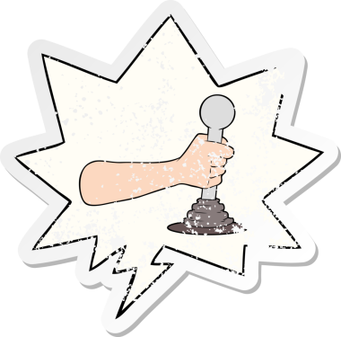 Bir insan tarafından çizilmiş, sıkıntılı, eski bir çıkartma olan konuşma baloncuğu ile çizgi film kolu çekiliyor.