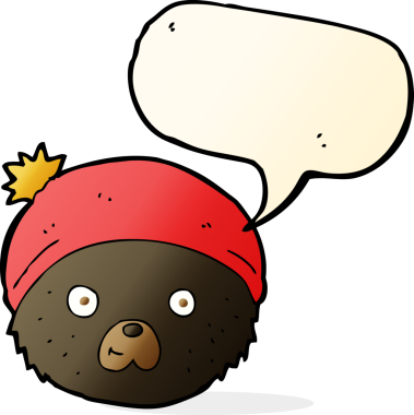 Bir insan tarafından çizilmiş konuşma balonlu oyuncak ayı yüzlü çizgi film.