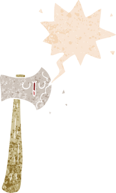 bir insan tarafından çizilmiş grunge sıkıntılı retro biçimli konuşma balta ile çizgi film balta