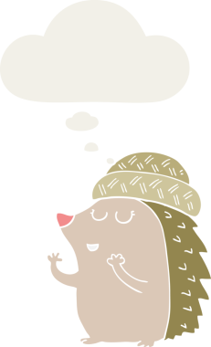 Düşünce baloncuklu şapkalı bir kirpi insan tarafından çizilmiş.