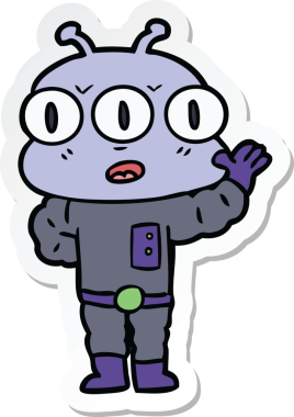 Çizgi film çıkartması. Bir insan tarafından çizilmiş üç gözlü uzaylı.