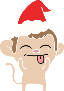 Bir insan tarafından çizilmiş Noel Baba şapkası takan bir maymunun düz renk çizimi.