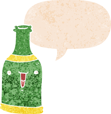 Bir insan tarafından çizilmiş grunge dertli retro tarzı konuşma baloncuklu çizgi film bira şişesi.