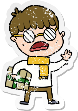 Hediye taşıyan ve bir insan tarafından çizilmiş gözlük takan bir çizgi film çocuğunun sıkıntılı çıkartması.