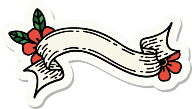 Geleneksel dövme stili bir pankart ve insan tarafından çizilmiş çiçekler.