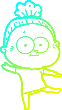 Bir insan tarafından çizilmiş, mutlu, yaşlı bir kadının çizimi.