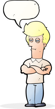 Bir insan tarafından çizilmiş, kolları katlanmış, konuşma balonu olan çizgi film adamı.