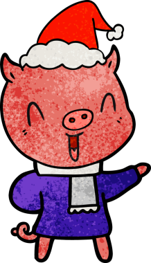 Bir insan tarafından çizilmiş Noel Baba şapkası giyen kışın çizilmiş bir domuzun mutlu el çizimi.