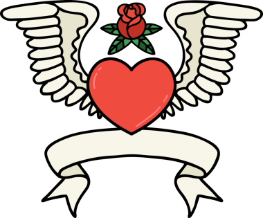 Bir insan tarafından çizilmiş kanatlı bir kalbin bayrağıyla geleneksel dövme.