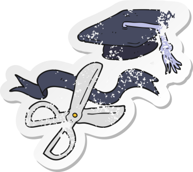 Mezuniyette bir insanın çizdiği kurdele kesen bir makasın gerilmiş retro yapıştırması.