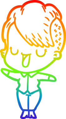 Gökkuşağı gradyan çizimi. Hipster saç kesimi bir insan tarafından çizilmiş şirin bir çizgi film kızı.