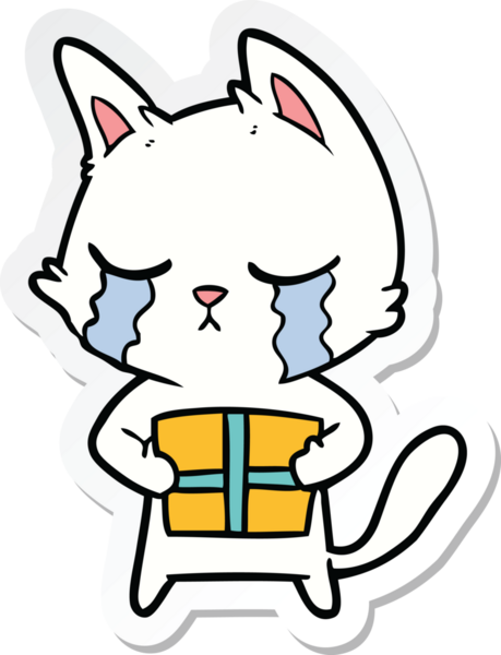 Ağlayan çizgi film kedisinin çıkartması. Elinde bir insan tarafından çizilmiş Noel hediyesi var.