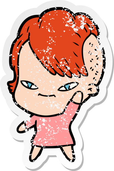 Hipster saç kesimi bir insan tarafından çizilmiş tatlı bir çizgi film kızına ait sıkıntılı bir etiket.