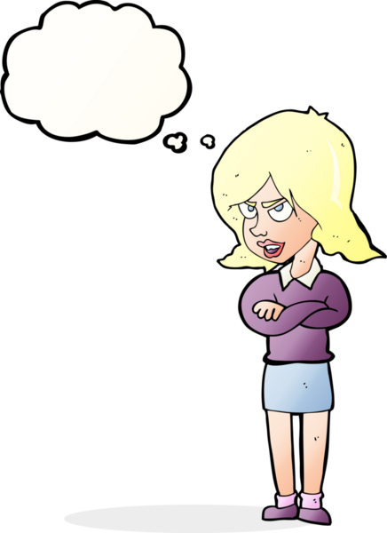 Bir insan tarafından çizilmiş düşünce baloncuğu olan kızgın bir kadın.