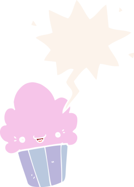 Bir insan tarafından çizilmiş, yüzü konuşma baloncuğu olan çizgi film keki.