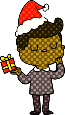 Bir insan tarafından çizilmiş Noel Baba şapkası giyen bir adamın el çizimi çizgi roman tasviri.